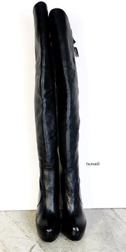 Black Genuine Leather Over The Knee Boots - Tajna Club
