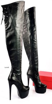 Genuine Leather Over The Knee Black Boots - Tajna Club