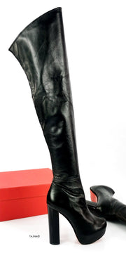 Genuine Leather Black Thigh High Chunky Boots - Tajna Club