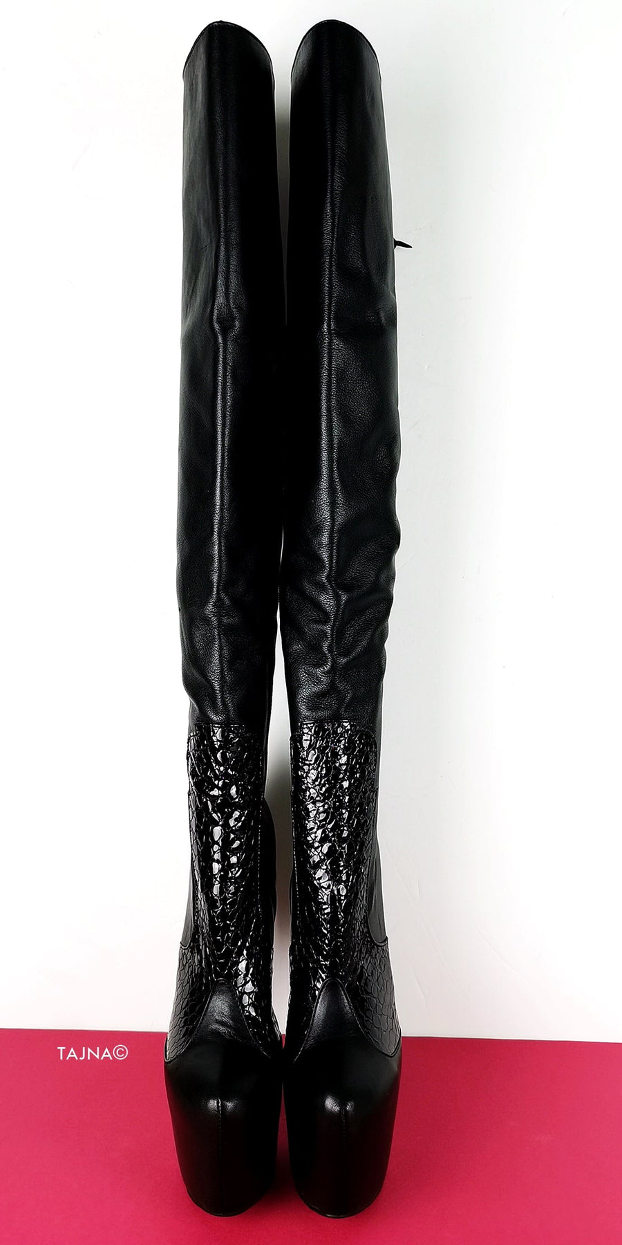 Genuine Leather Black Croco Over Knee Boots | Tajna Club