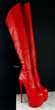 Red Genuine Leather Over The Knee Boots - Tajna Club