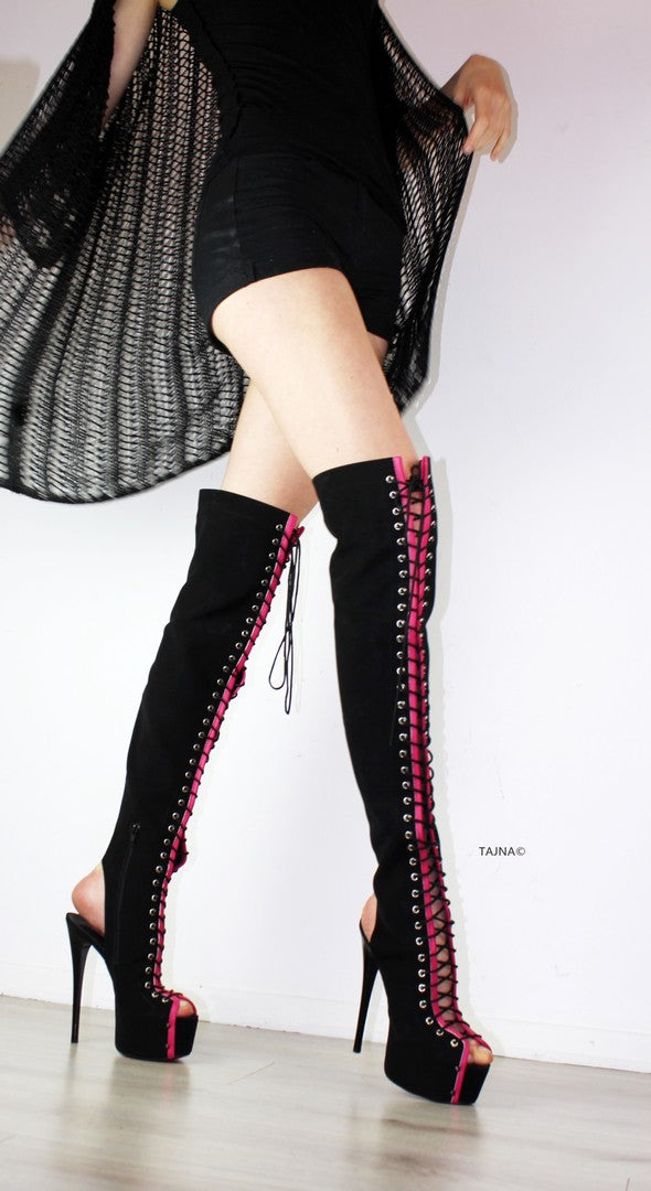 Gladiator Black Pink Knee High Boots - Tajna Club