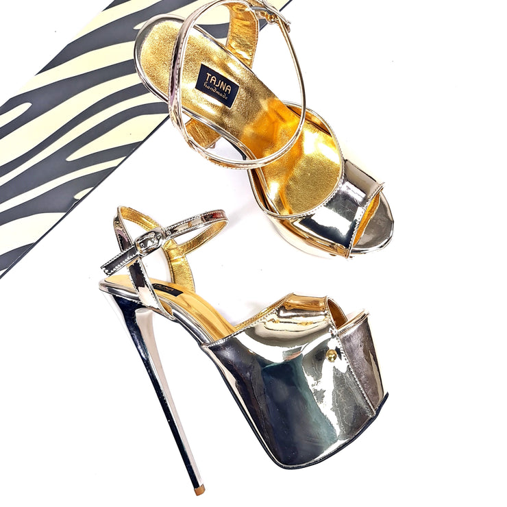 Gold Mirror Metallic Heel Sandals 19 cm  Tajna Club Shoes