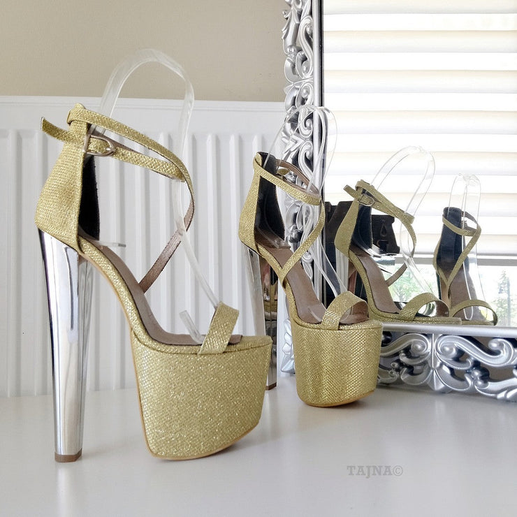 Ankle Strap Gold Shimmer 19 cm High Heel Platform Shoes - Tajna Club