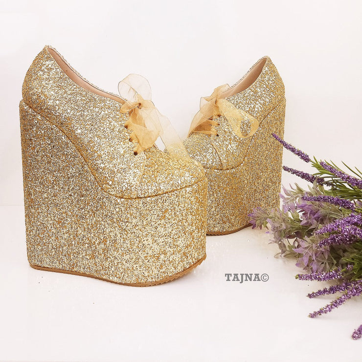 Gold Shinny Lace Up Shinny Wedge Platform Shoes - Tajna Club