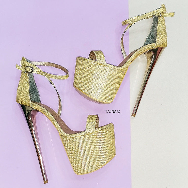Gold Shiny Shimmer High Heel Sandals - Tajna Club