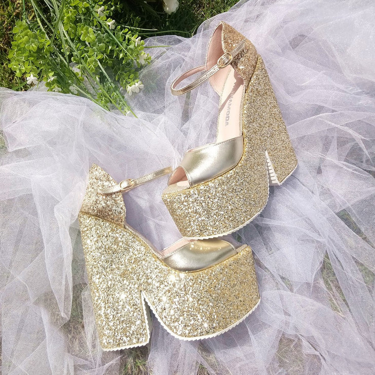Ankle Strap Gold Shimmer Platform Wedge Sandals - Tajna Club