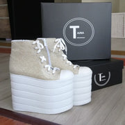 Gold White Lace Up Sport Wedge Platform Shoes - Tajna Club