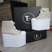 Gold White Lace Up Sport Wedge Platform Shoes - Tajna Club