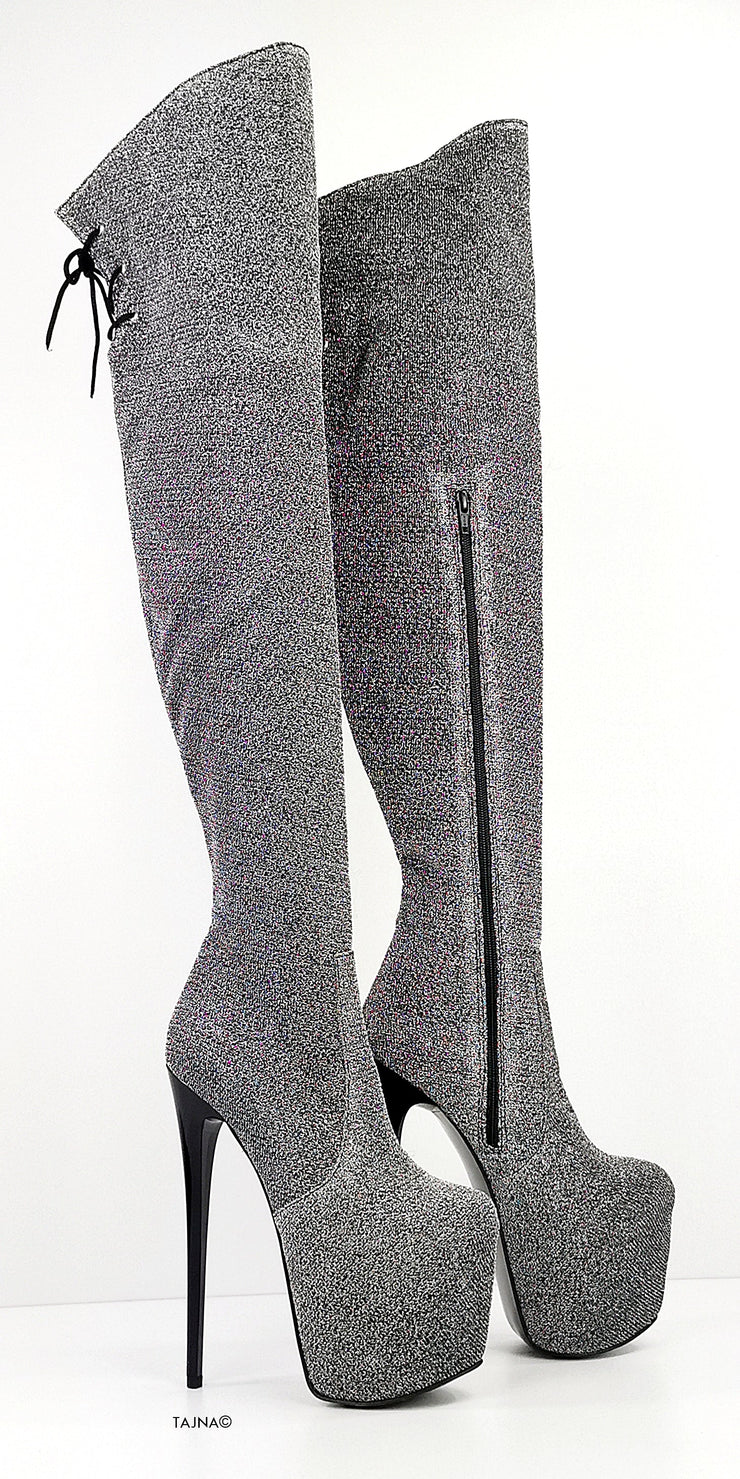 Grey Silver Shine Over Knee Heel Boots - Tajna Club