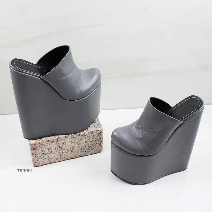 Gray Sabo Platform Heel Wedge Mules - Tajna Club
