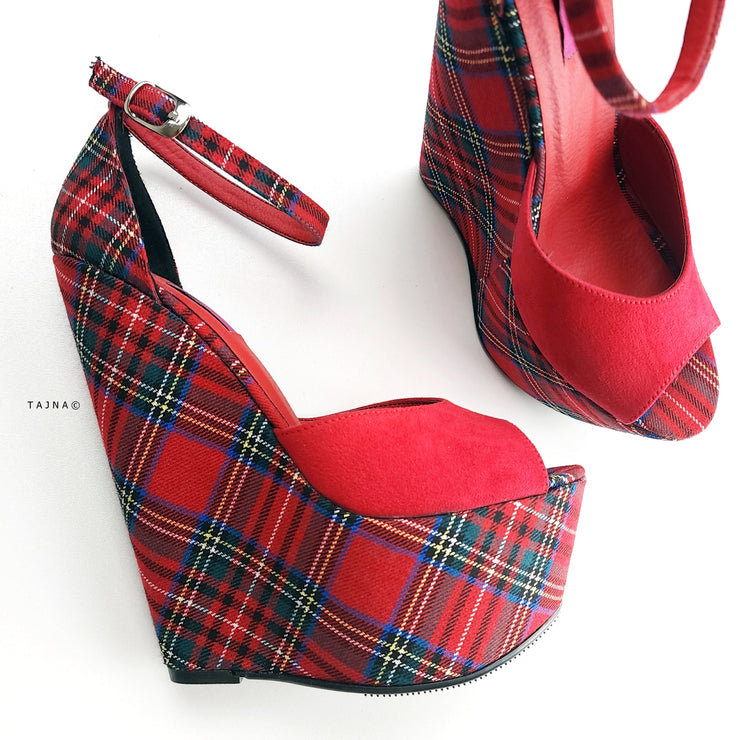 Tartan Red Suede Ankle Strap Wedge Sandals Ankle Strap Tajna Club Shoes
