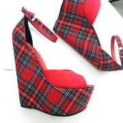 Tartan Red Suede Ankle Strap Wedge Sandals Ankle Strap Tajna Club Shoe