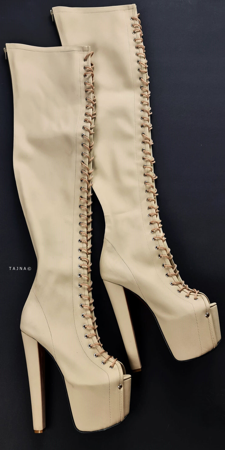Cream Nude Gladiator Style Lace Up Thigh High Boots Tajna club Shoes