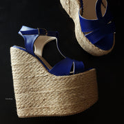 Blue T-Strap High Heel Wedge Platform Espadrils Tajna Club Shoes