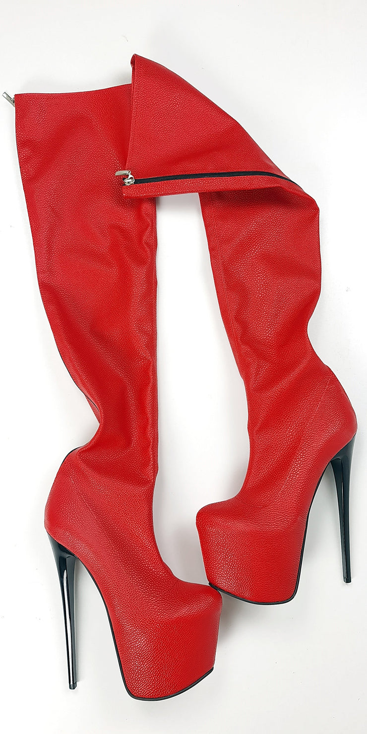 Red Back Zipper Matte High Heel Thigh High Boots Tajna Club shoes