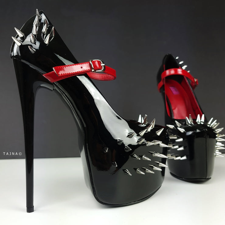 Black Red Gloss Spike Studded Strapped Heels