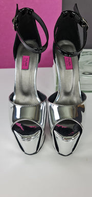 Black Silver Mirror Ankle Strap High Heels Tajna Club Shoes