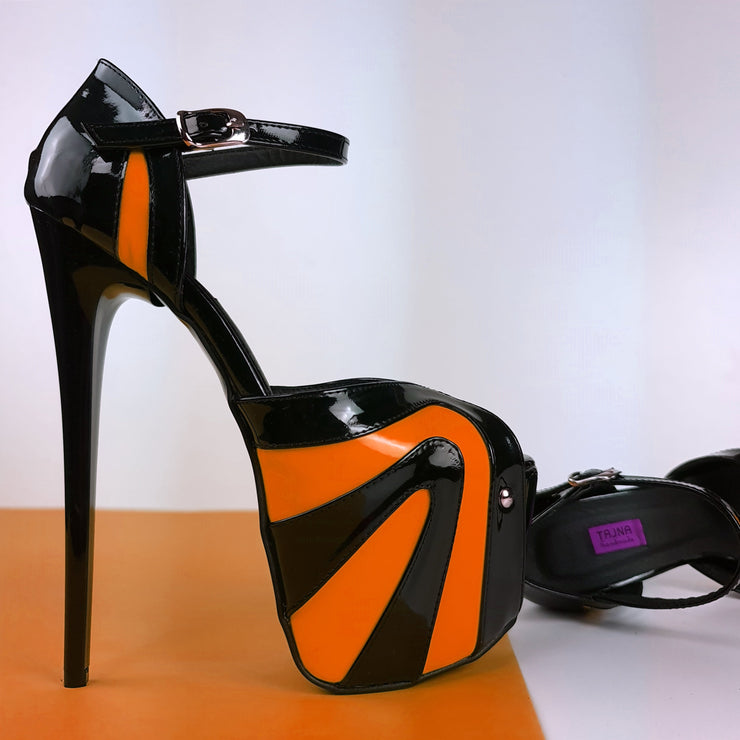 Orange Black Gloss Mult Colored Open Toe Heels Halloween Tajna club Shoes