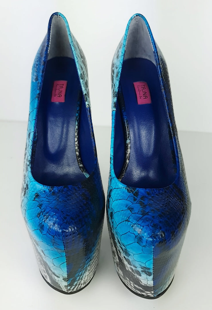 Blue Snake Print Classic High Heel Pumps Tajna club Shoes