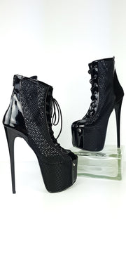 Black Gloss Fishnet Lace Up High Heel Ankle Boots