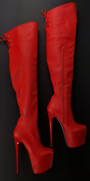 Red Back Lace High Heel Thigh Boots