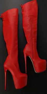 Red Back Lace High Heel Thigh Boots