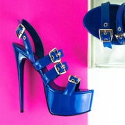 Blue Gloss Belted Platform Sandals