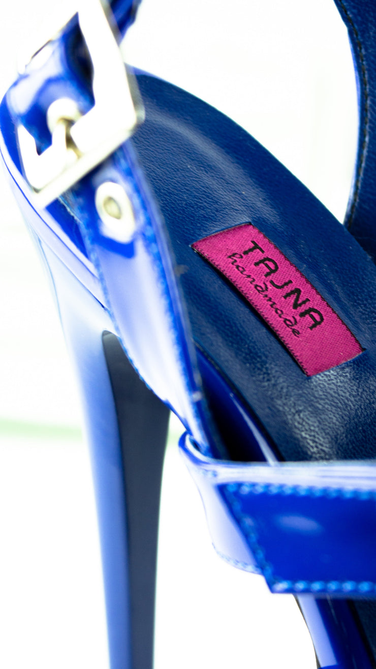 Blue Gloss Belted Platform Sandals