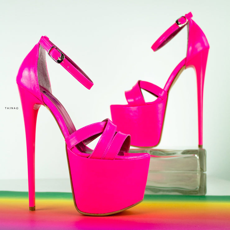 Neon Pink Gloss Cross Strap High Heel Sandals
