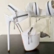 White Gloss Zip Detailed High Heel Sandals Tajna Club Shoes
