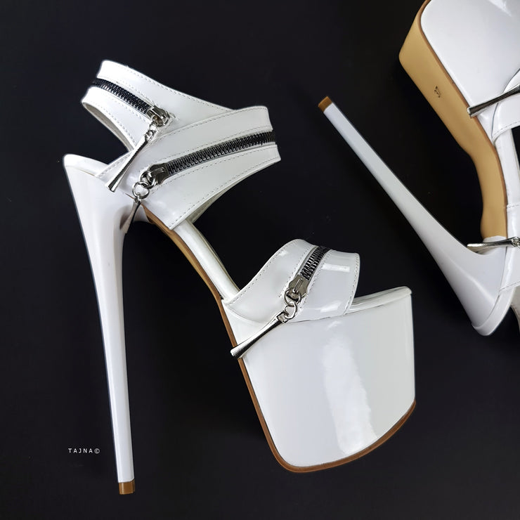 White Gloss Zip Detailed High Heel Sandals Tajna Club Shoes