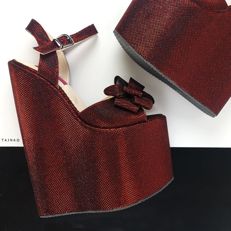 Bordeuax Shimmer Ribbon Detail Wedge Platform Sandals Tajna Club Shoes