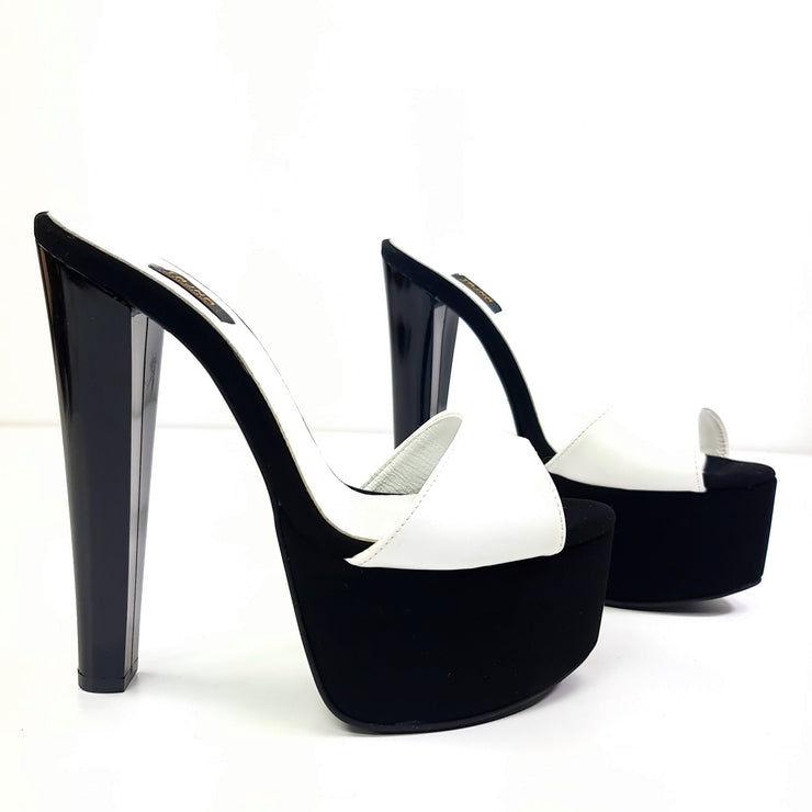 White Strap Black Suede Chunky Mules