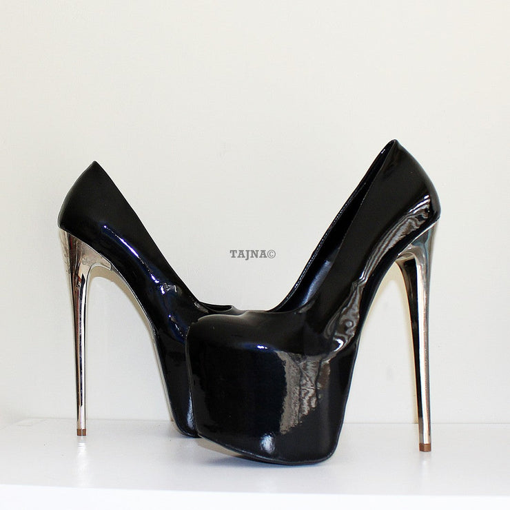 Silver Heel Black Patent Leather Platform Shoes - Tajna Club
