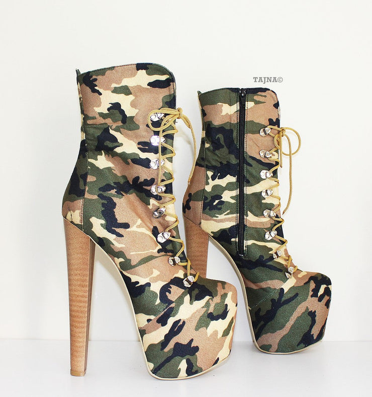 Camouflage High Heel Platform Ankle Boots - Tajna Club