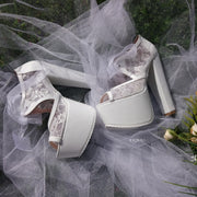 Bridal White Lace Shoes With Chunky High Heel Platforms - Tajna Club