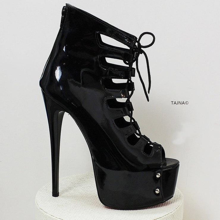 Black Patent Gladiator Platform Heels - Tajna Club