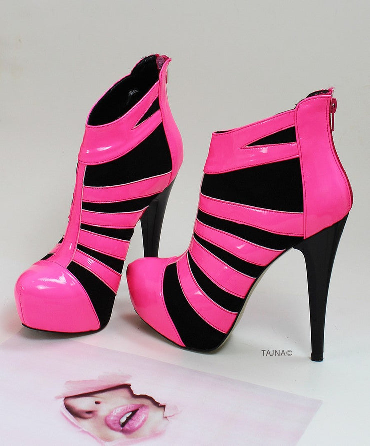 Neon Pink Black Stripe Ankle Platforms - Tajna Club