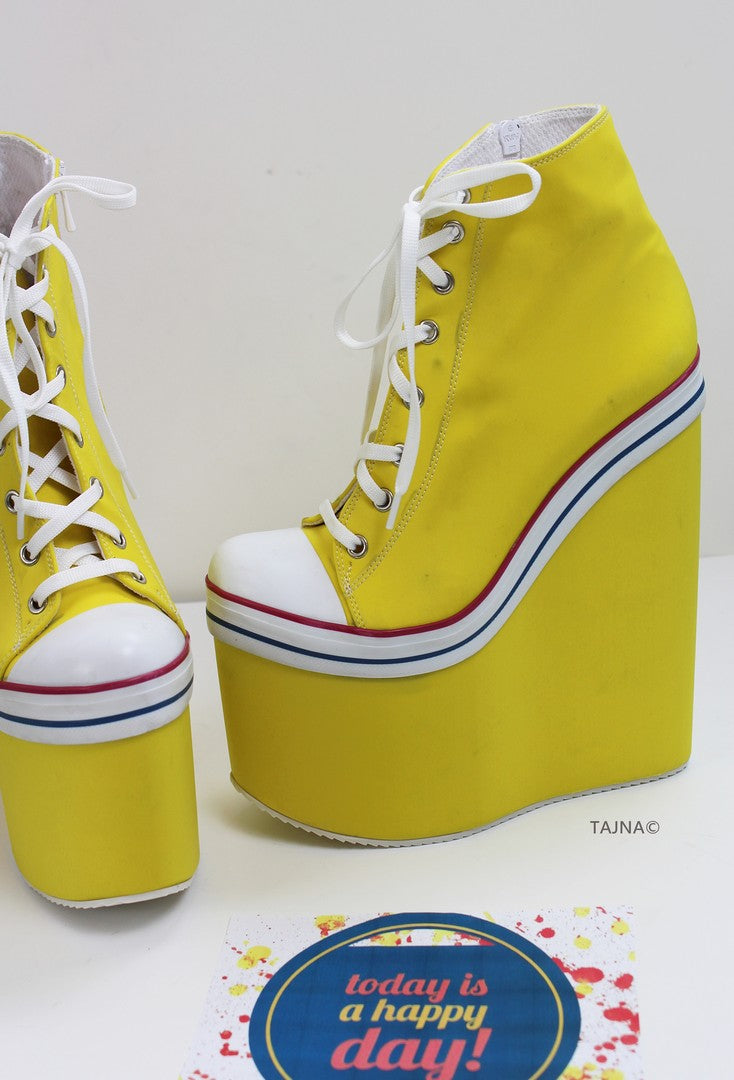 Yellow Lace Up High Heel Wedge Booties - Tajna Club