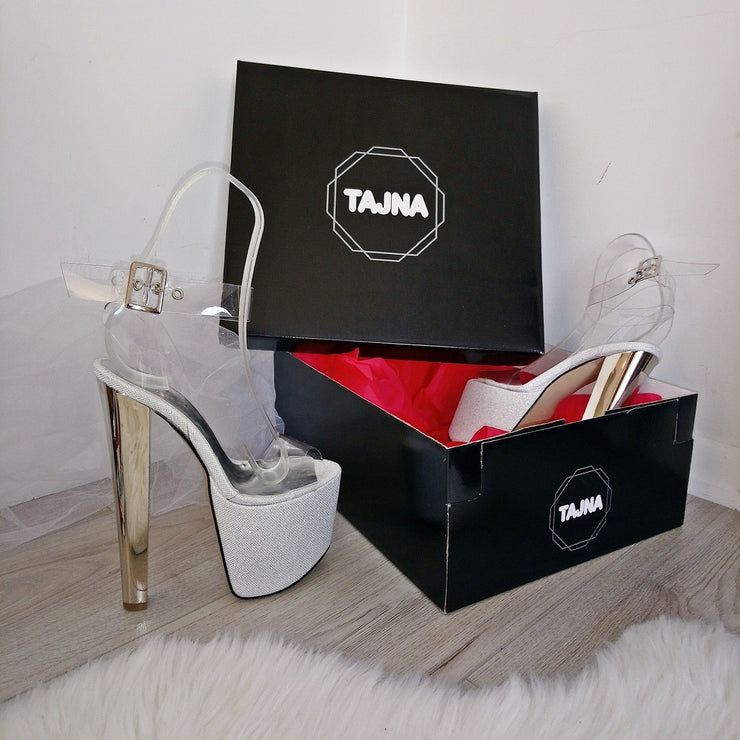 Ankle Strap Transparent Silver High Heel Platform Sandals - Tajna Club