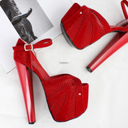 Red Suede Mesh Peep Toe Platform Heels - Tajna Club