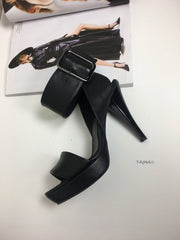 Black Bold Belted Heeled Shoes 13 cm - Tajna Club