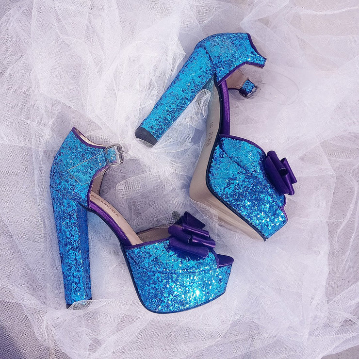 Blue Glitter Heel Platform Shoes - Tajna Club