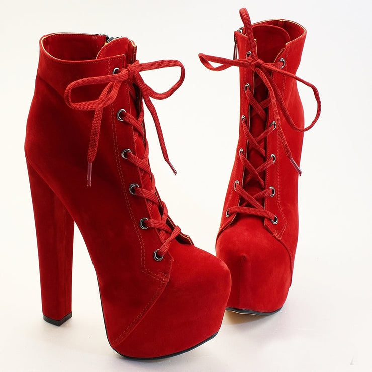 Red Suede Lace Up Booties - Tajna Club