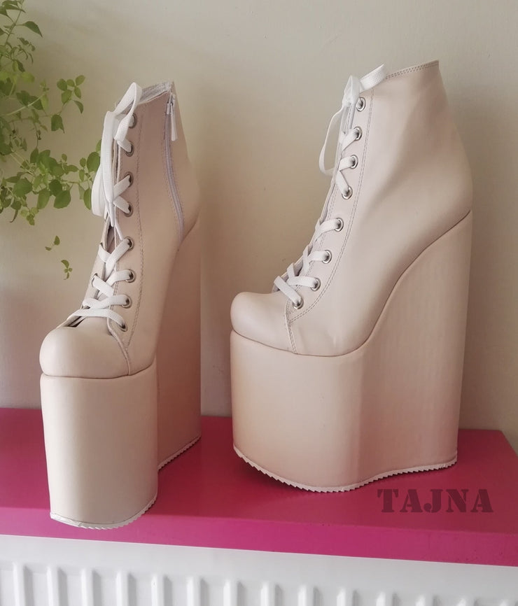 Cream Lace Up Platform Wedges 20 cm - Tajna Club