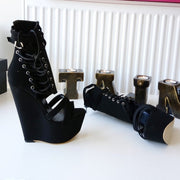 Black Corset Style Ankle Wedges - Tajna Club