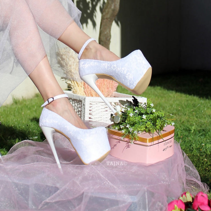 Ankle Strap White Lace High Heel Platform Bride Shoes - Tajna Club