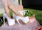 Ankle Strap White Lace High Heel Platform Bride Shoes - Tajna Club