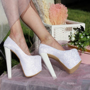 White Lace 19 cm High Heel Platform Bride Shoes - Tajna Club